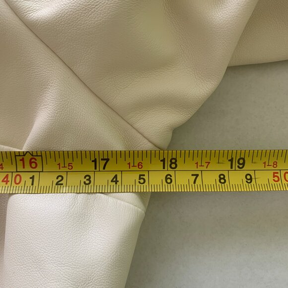 Express Faux Leather Top Size M Ivory Cream Mock Neck Puff Sleeve Peplum zip - Picture 14 of 15